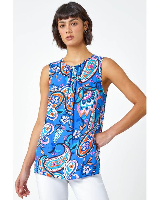 Roman Blue Paisley Print Button Back Shell Top