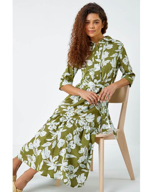 Roman Green Leaf Frill Hem Button Shirt Dress