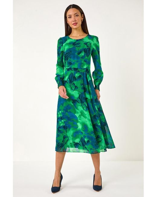 Roman Green Abstract Belted Midi Dress