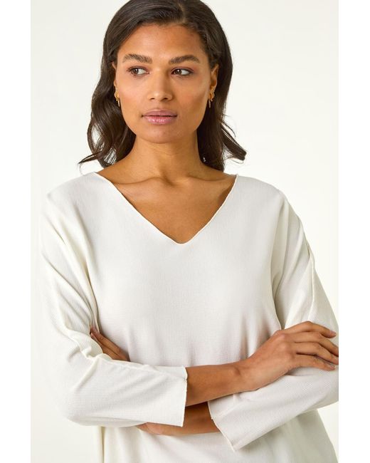 Roman White Ribbed V-Neck Stretch Top