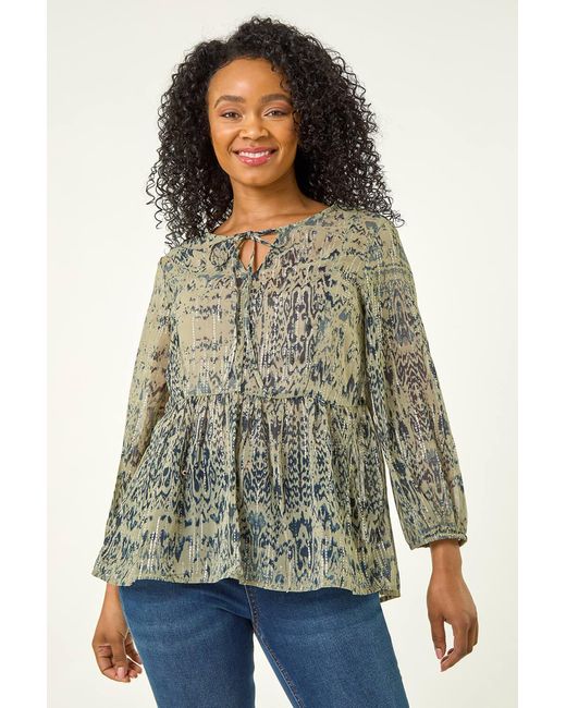 Roman Petite Green Metallic Aztec Print Top