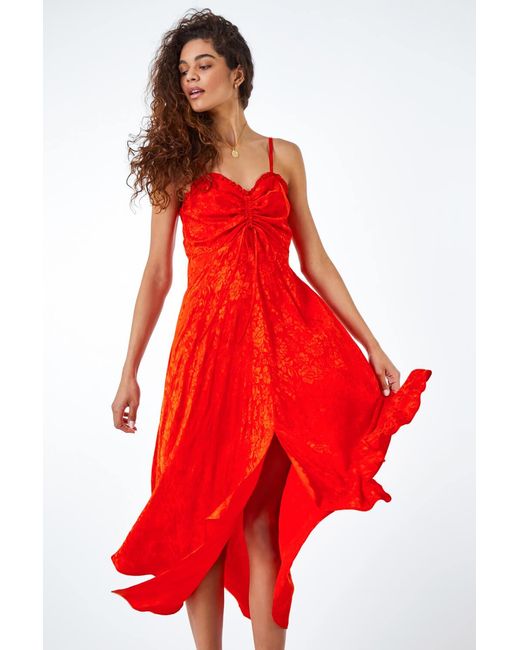 Roman Orange Satin Ruffle Jacquard Asymmetric Midi Dress
