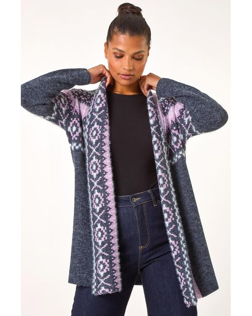 Roman Blue Longline Pattern Knit Cardigan