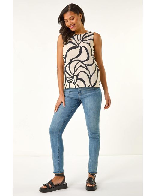 Roman Blue Mono Abstract Print Shell Top