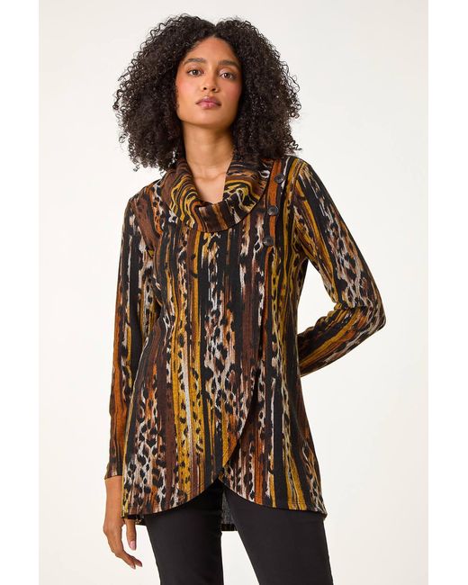 Roman Black Animal Print Cowl Neck Tunic Top