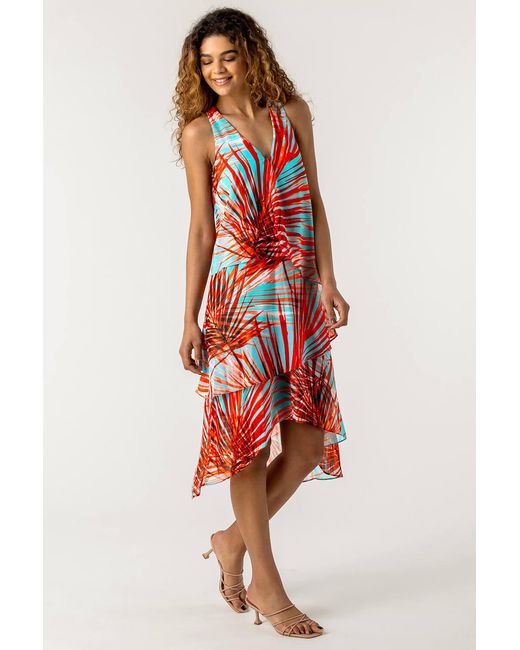 Roman Multicolor Layered Chiffon Tropical Print Dress