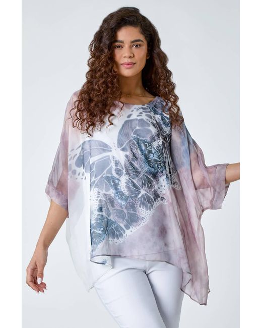 Roman White Butterfly Print Overlay Top