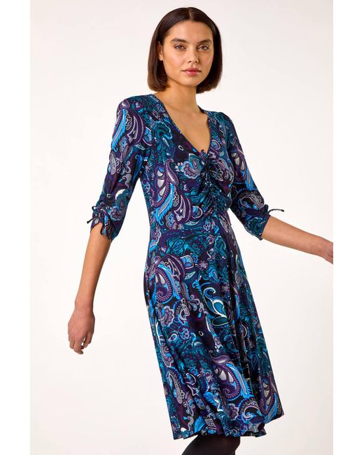 Roman Blue Paisley Gathered Stretch Dress