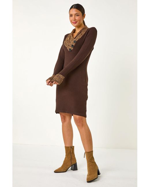 Roman Brown Overlap V-Neck Knit Dress