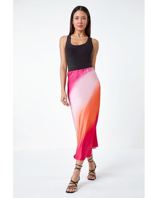 D.u.s.k Red Ombre Print Satin Elastic Waist Midi Skirt