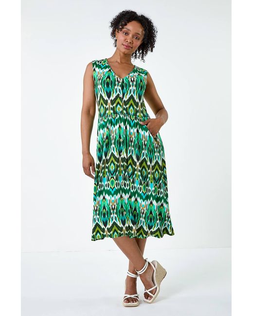 Roman Petite Green Aztec Button Stretch Midi Dress