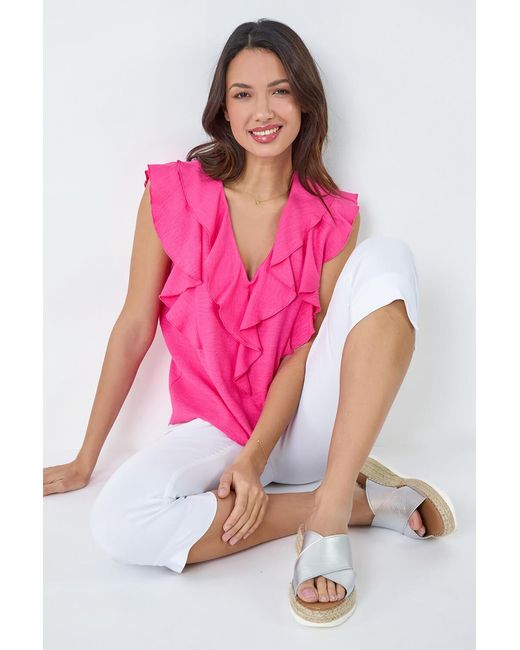 Roman Pink Sleeveless V-Neck Ruffle Detail Vest