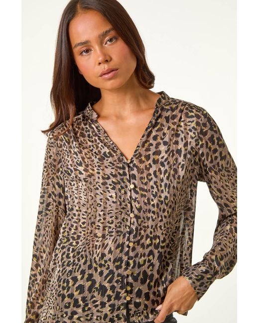Roman Petite Brown Animal Print Button Up V-Neck Blouse