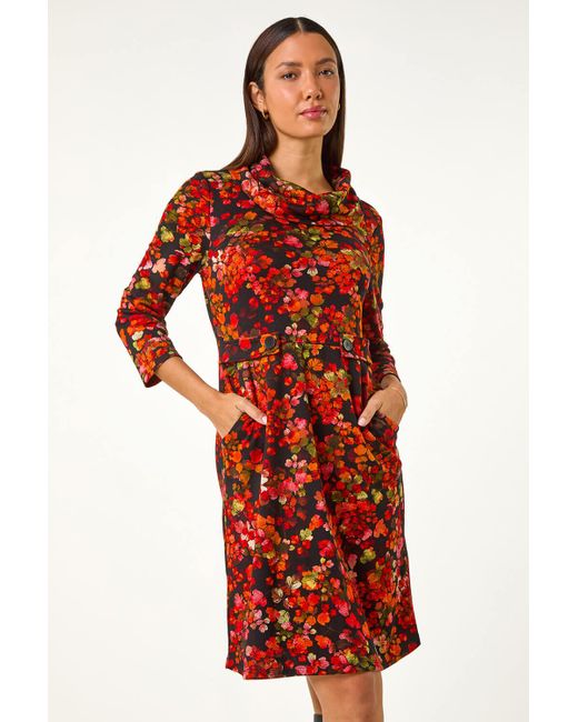 Roman Red Leaf Print Cowl Neck Tab Detail Dress