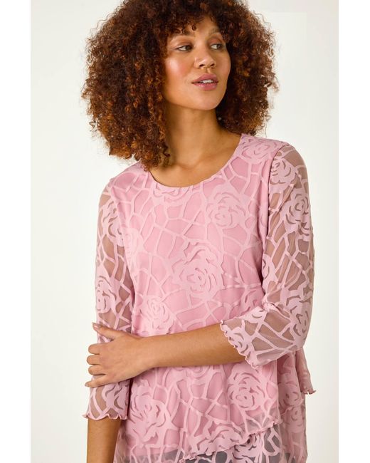 Roman Pink Burnout Rose Detail Asymmetric Top