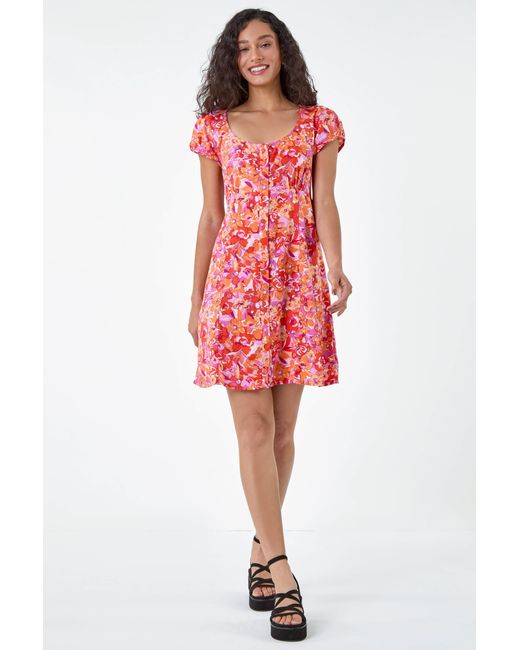 D.u.s.k Red Floral Print Button Through Dress