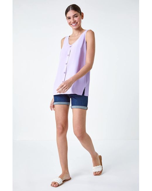 Roman Blue V-Neck Button Front Sleeveless Top
