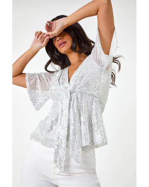 D.u.s.k White Sequin Tie Front V-Neck Top