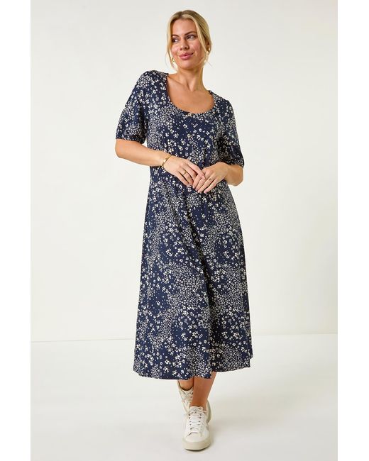 Roman Petite Blue Abstract Stretch Midi Dress