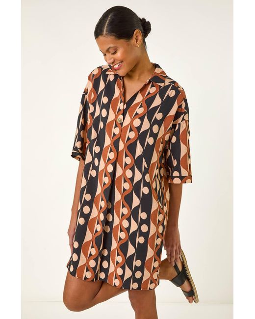 Roman Natural Geometric Collared Shirt Dress