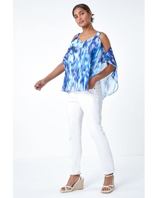 Roman Blue Abstract V-Neck Cold Shoulder Overlay Top