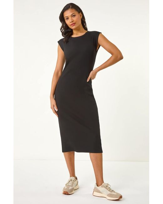 Roman Black Ribbed Cap Sleeve Midi Dress