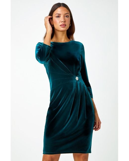 Roman Blue Velvet Side Twist Diamante Stretch Dress