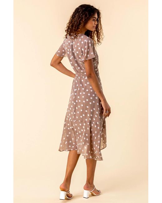 Roman Brown Spot Print Frilled Hem Wrap Dress