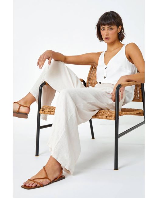 Roman White Linen Blend Stretch Waist Culottes