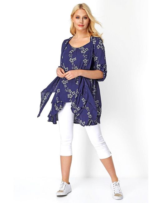 Roman Blue Floral Print Crinkle Tunic Top