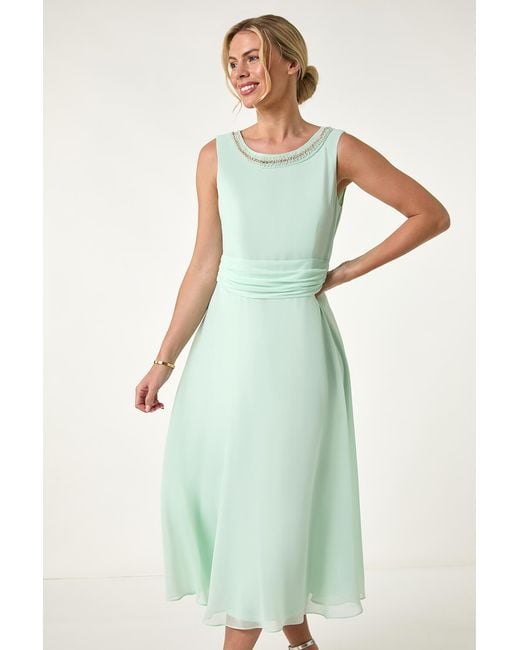 Roman Petite Green Trim Detail Ruched Midi Dress