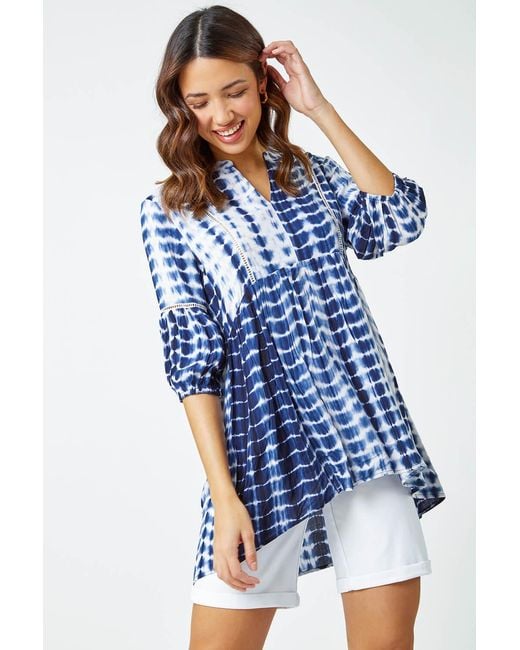 Roman Blue Tie Dye Print Smock Tunic Top