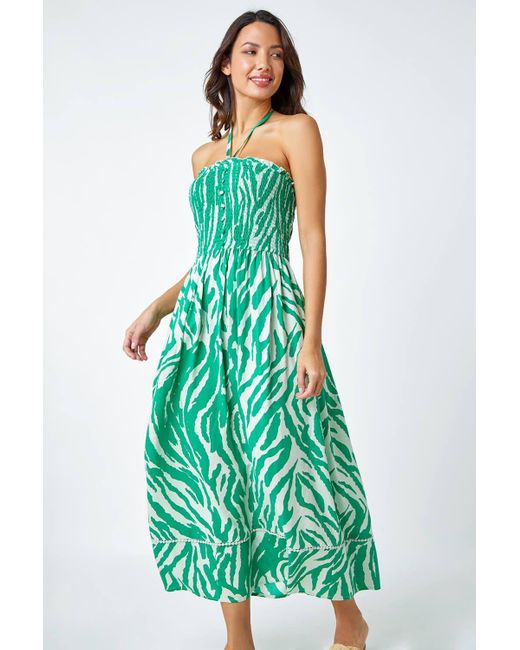 Roman Green Animal Shirred Stretch Maxi Dress