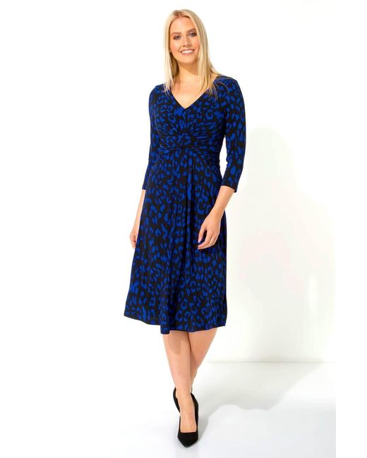 Roman Blue Leopard Print Fit And Flare Skater Dress