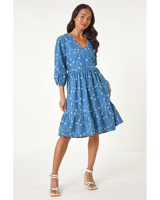 Roman Petite Blue Embroidered V-Neck Dress