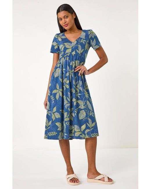 Roman Blue Leaf Print Stretch Midi Dress