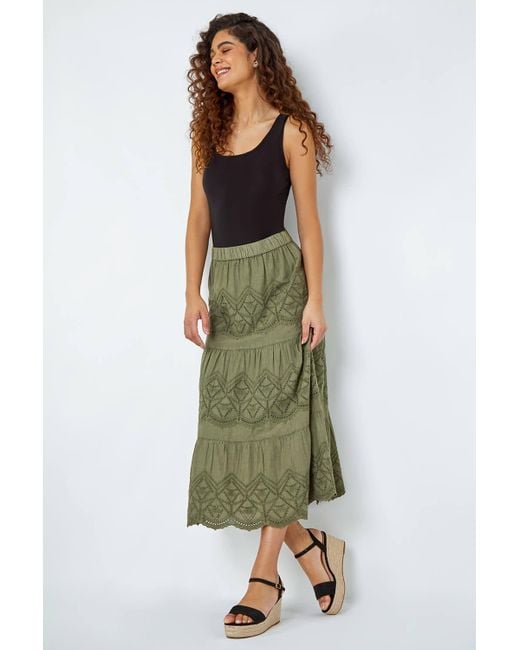 Roman Green Broderie Elastic Waist A Line Tiered Midi Skirt