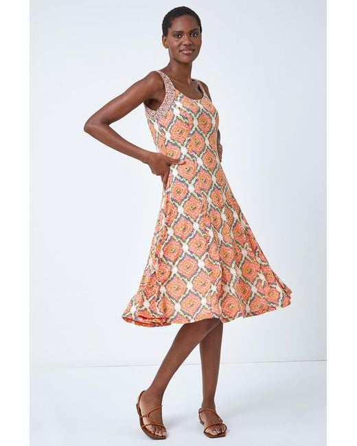 Roman Orange Sleeveless Geometric Print Swing Dress