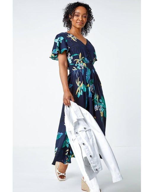 Roman Petite Blue Floral Shirred Midi Dress