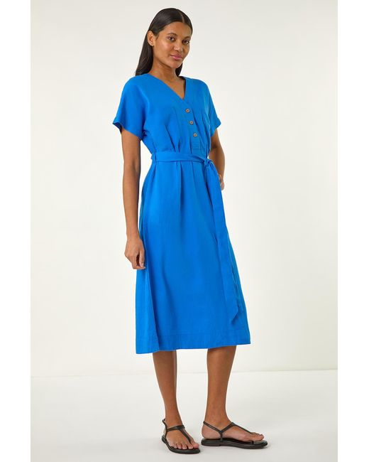 Roman Blue Button Linen Mix Midi Dress