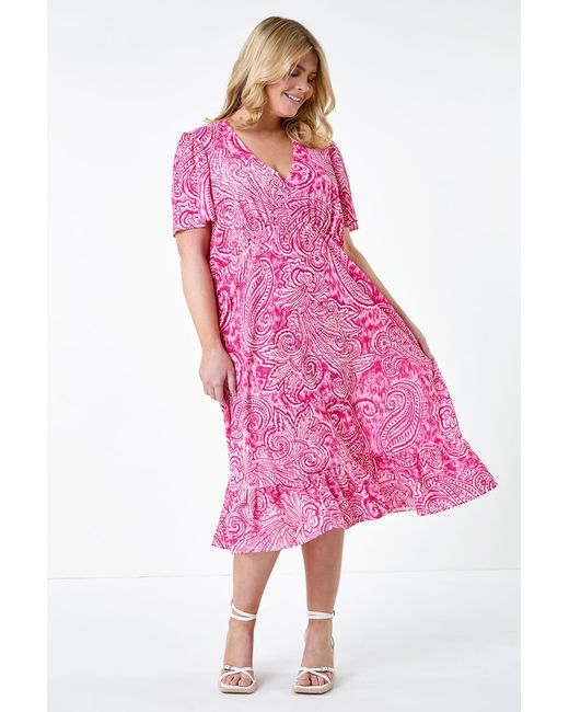 Roman Curve Pink Paisley Tiered Frill Midi Dress