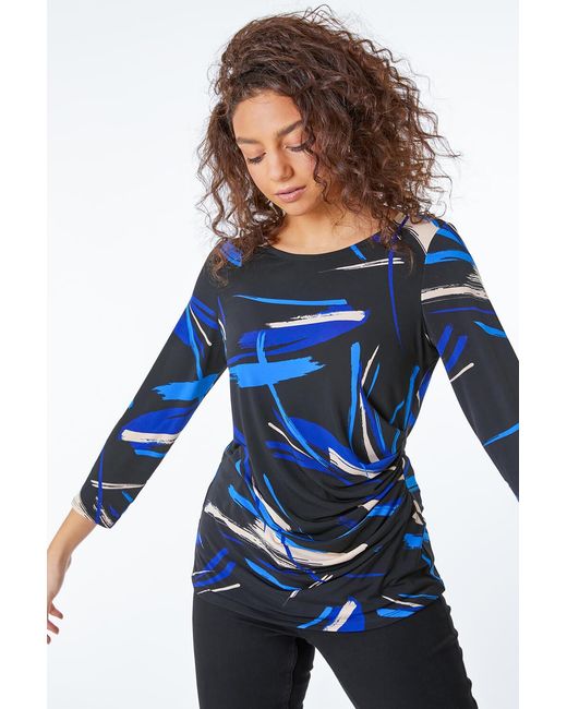 Roman Petite Blue Ruched Side Abstract Top