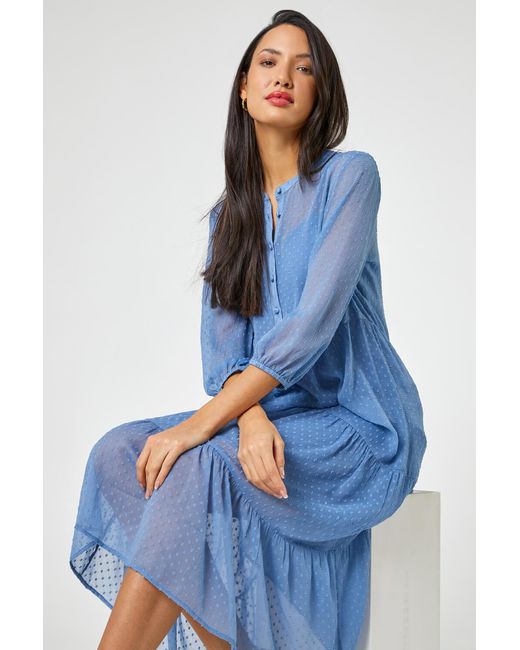Roman Blue Textured Spot Print Tiered Midi Dress