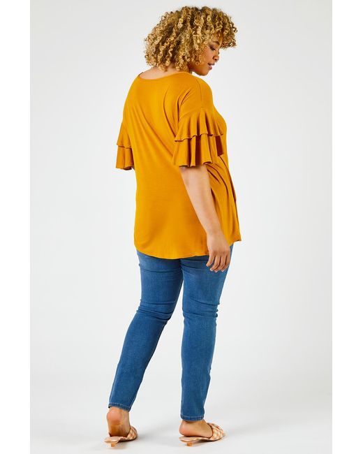 Roman Curve Orange Plain Frill Sleeve Detail Tee