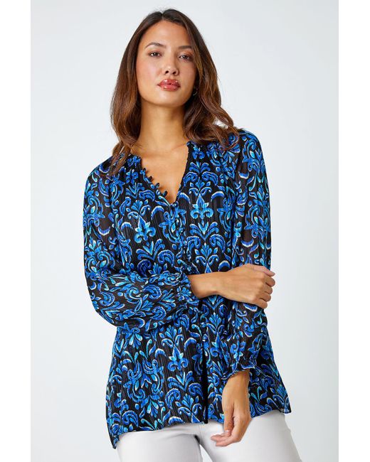Roman Blue Metallic Print V-Neck Chiffon Blouse