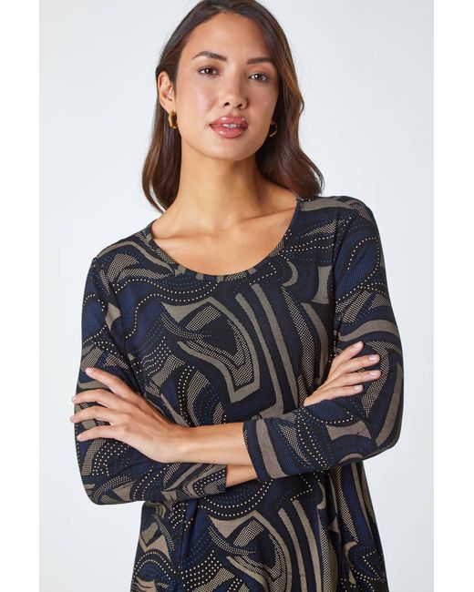 Roman Blue Swirl Print Hanky Hem Stretch Top