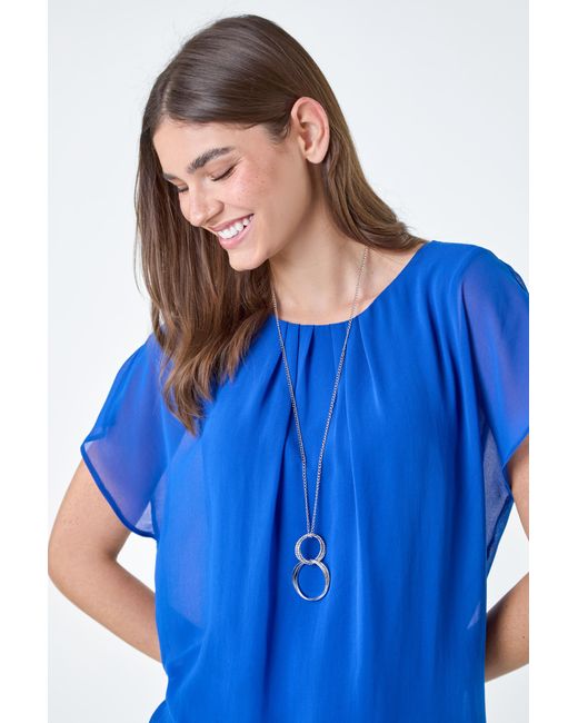 Roman Blue Chiffon Jersey Blouson Top With Necklace