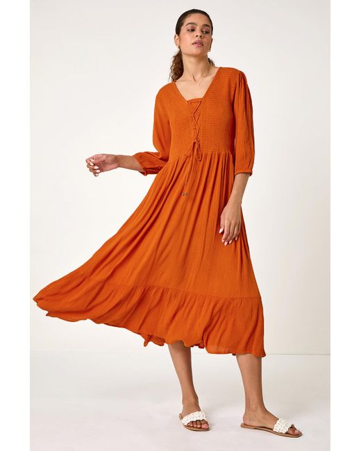 Roman Orange Lace Up Shirred Midi Dress