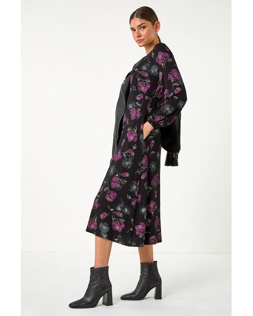 Roman Black Floral Empire Waist Midi Dress