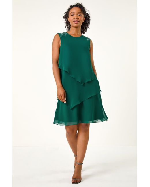 Roman Petite Embellished Tiered Shift Dress in Green | Lyst UK
